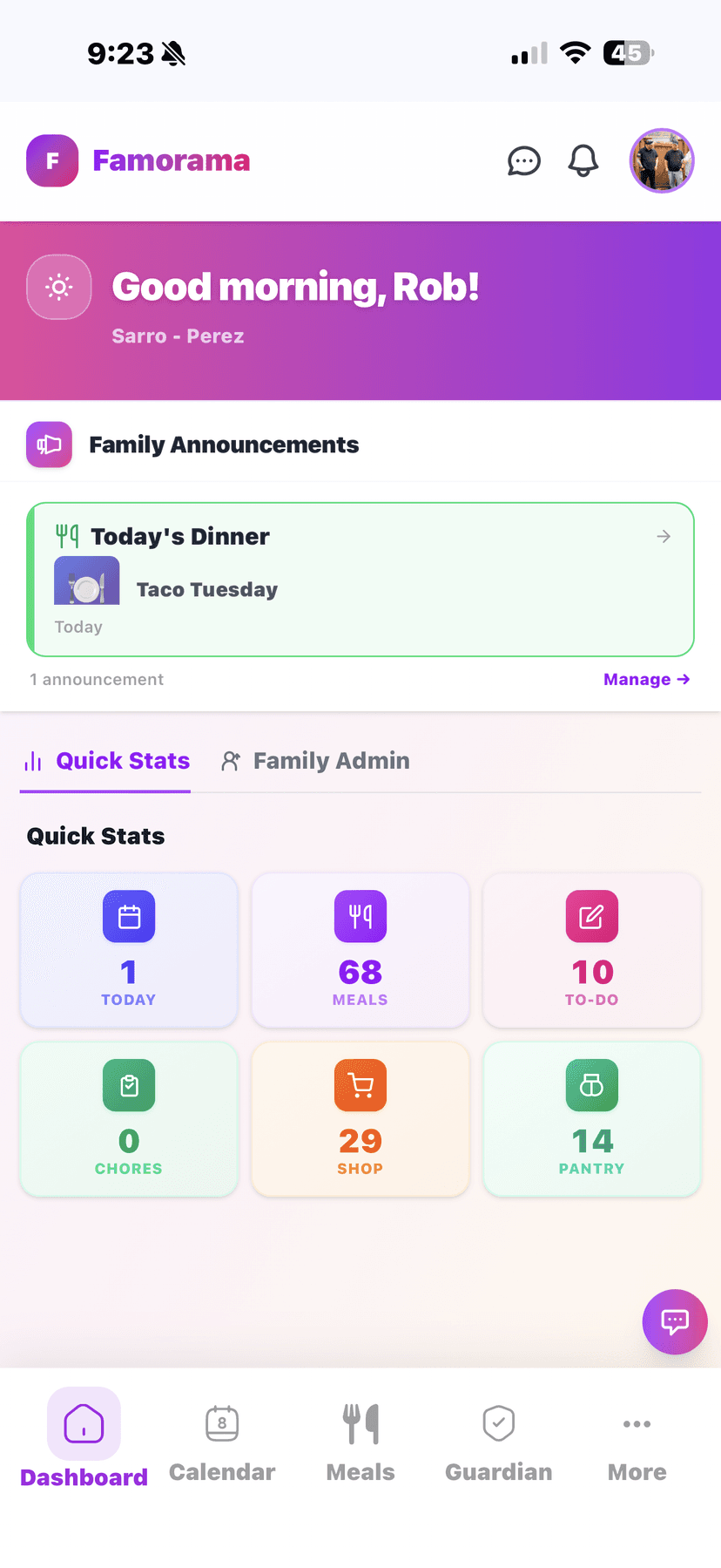 Famorama app dashboard showing family calendar, meals, and chores