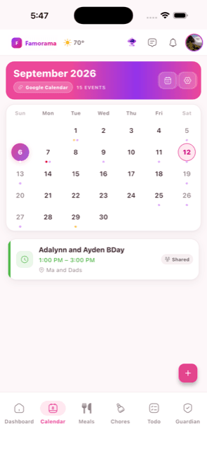 The shared family calendar in the Famorama app