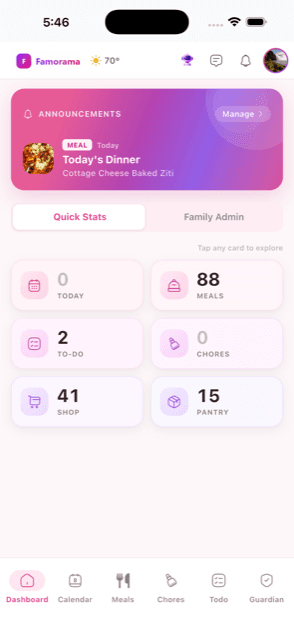 The Famorama app dashboard, showing today's announcement and the family's quick stats