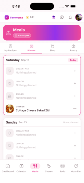 The weekly meal planner in the Famorama app